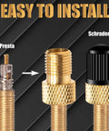 Brass Presta To Schrader Valve Adapter For Bikes Converting Presta To Schrader Lets You Inflate Your Bike Tires With Any Standard Pump Or Air Compressor Includes 2 Black Reticulated Tire Valve Caps close-up of components