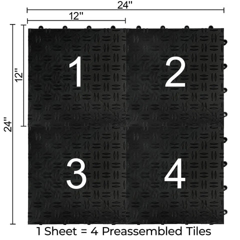 Interlocking Garage Floor Tiles Diamond Pattern Non Slip Heavy Duty Copolymer 12X12 Inch Modular Tiles 48 Pack Black Easy Snap In Installation shown in 4-tile sheet layout