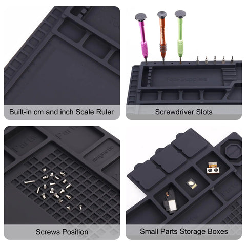 Magnetic Silicone Soldering Mat 932F Heat Resistant Pro Grade Electronics Repair Surface with scale ruler, screw positions, screwdriver slots, and small parts storage sections.