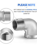 Close-up of Five Pack 304 Stainless Steel 1 Inch NPT Male to 1 Inch NPT Female 90 Degree Pipe Elbow Fittings showing threads and material.