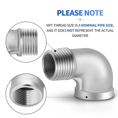 Close-up of Five Pack 304 Stainless Steel 1 Inch NPT Male to 1 Inch NPT Female 90 Degree Pipe Elbow Fittings showing threads and material.