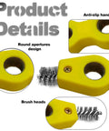 A close-up view of the Must Have 4 In 1 Car Battery Terminal Cleaner And Corrosion Scouring Brush with yellow anti-slip handle and steel bristle head.