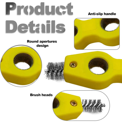 A close-up view of the Must Have 4 In 1 Car Battery Terminal Cleaner And Corrosion Scouring Brush with yellow anti-slip handle and steel bristle head.