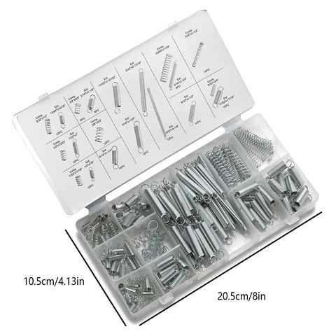 Super Cool 200pcs Spring Assortment Kit With 20 Sizes Of Compression And Extension Springs For Car Auto Repair, Hand Tools And Home Gadgets Made From Durable Zinc Steel. 200-piece zinc steel spring kit in a labeled 10.5x20.5cm case