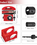 Door Lock Installation Kit For Wood Doors With Adjustable Guide Template And Arbor Drill Bit One And Three Eighths To One And Three Quarters Inch Hole Saw Set Includes One Inch And Two One Eighth Inch Saws DIY Friendly And Built Tough Red packaging and components displayed with size dimensions