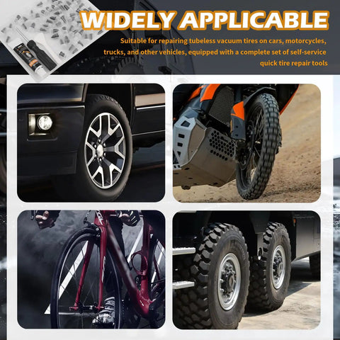 Collage showing car, motorcycle, bicycle, and truck tires illustrating 60 Piece Car Tire Repair Kit With Self Tapping Plugs And Repair Screws Including Screwdriver And Glue For Cars And Motorcycles On The Road Grab And Go Easy To Use