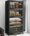 Stackable Storage Bins With Lids And Lockable Cabinet 720 Quart Capacity shown in black, filled with books, linens, and decor items.