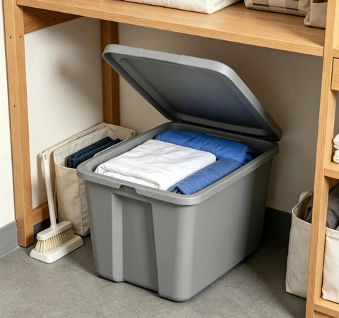 Straight Up Tough As Nails Heavy Duty Plastic Storage Bin With Secure Snap On Lid For Real Garage Setup Or Home Decluttering Projects Gray 18 Gallon Capacity filled with folded clothes.