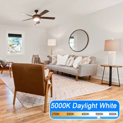 Living room lit by 8 Pack E12 Ceiling Fan Light Bulbs 60W Equivalent LED Candelabra Bulbs Kickin Bright Daylight White 5000K