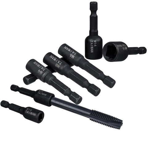 8 Piece M4 To M16 Screw Tap Socket Set With One Quarter Inch Hex Shank Quick Change Machine Tap Holder For Impact Driver Includes Thread Taps Adapters Pro Grade Built For Heavy Duty Projects.