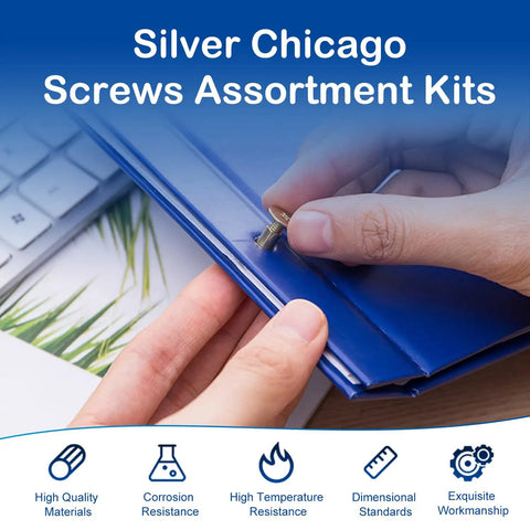 130 Sets Chicago Screws Kit In Silver for leather crafting, shown binding blue material, with high-quality durable materials.