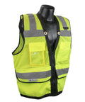 Heavy Duty High Visibility Safety Vest Built Different For Daily Hustlers Featuring Woven Bias Tape And Heavy Black Webbing Reinforcement With Roomy Storage Pockets Phones Badges And Tough Gear Ready For Any Worksite, shown in vibrant yellow with multiple pockets.