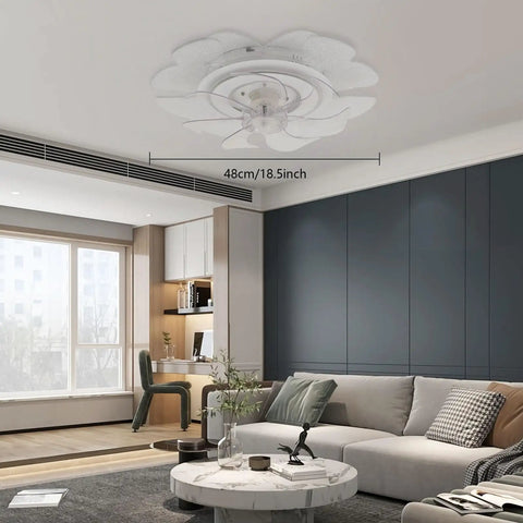 Ceiling Fan with Light 18.5 Inch App-Controlled Efficient Motor Finish mounted in modern living room, featuring a floral design.