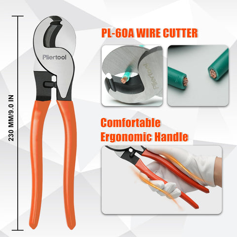 Front view of Beefed Up Battery Cable Crimping Tool Kit with wire cutter featuring ergonomic orange handles, 230mm size.