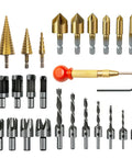 Top Shelf 26 Piece Woodworking Drill Bit Set With Heavy Duty HSS Step Bits, countersinks, and center punch tools displayed.