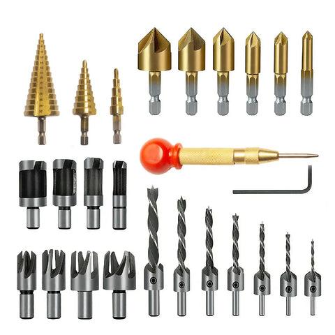 Top Shelf 26 Piece Woodworking Drill Bit Set With Heavy Duty HSS Step Bits, countersinks, and center punch tools displayed.