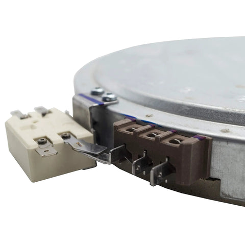 Close-up of 9 Inch Dual Radiant Electric Range Cooktop Element Replacement showing plug, 3100/1300W, 240V connection.