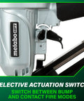 Finish Nailer With Air Duster For Crown And Base Molding 15 Gauge Angled Pneumatic Nailer selective actuation switch close-up