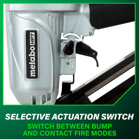 Finish Nailer With Air Duster For Crown And Base Molding 15 Gauge Angled Pneumatic Nailer selective actuation switch close-up