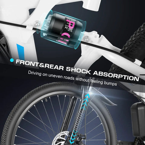 Foldable 750W Peak Electric Mountain Bike for Adults, dual shock absorbers, close-up of front and rear shock absorption system