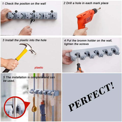 Step-by-step installation of Heavy Duty Broom Hanger Wall Mount And Mop Organizer Rack for Garage and Laundry Room.