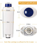 Coffee Machine Water Filter With Activated Carbon Softener For DeLonghi, Compatible With ECAM Esam ETAM BCO EC Series, Pack Of 2, Improves Coffee Flavor By Reducing Chlorine And Lime, product specifications and dimensions shown