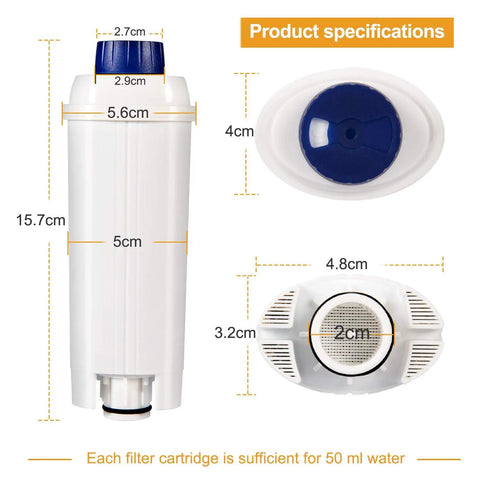 Coffee Machine Water Filter With Activated Carbon Softener For DeLonghi, Compatible With ECAM Esam ETAM BCO EC Series, Pack Of 2, Improves Coffee Flavor By Reducing Chlorine And Lime, product specifications and dimensions shown