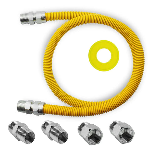 48 Inch Flexible Gas Connector Kit Five Eighths Inch Outer Diameter Yellow Coated Stainless Steel Hose and Adapters