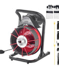 Heavy Duty Drain Cleaning Machine With 75 Ft Sewer Snake and 3/8 Inch Steel Core Auger, includes gloves and accessories.