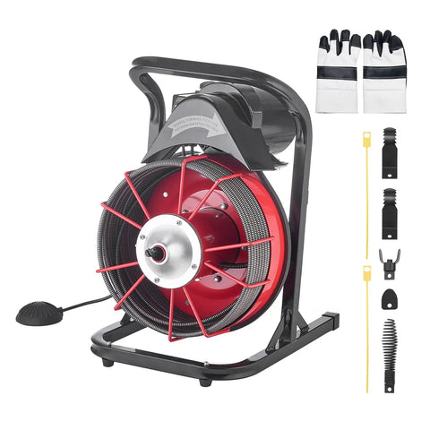 Heavy Duty Drain Cleaning Machine With 75 Ft Sewer Snake and 3/8 Inch Steel Core Auger, includes gloves and accessories.