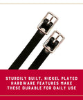 Black Bridle Leather Spur Straps Half Inch Wide By 19 Inches Long With Smooth Darkened Edges And Nickel Plated Hardware close-up