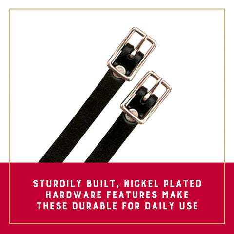Black Bridle Leather Spur Straps Half Inch Wide By 19 Inches Long With Smooth Darkened Edges And Nickel Plated Hardware close-up