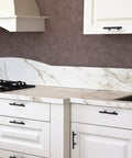Kitchen with Matte Black Cabinet Handles 5 Inch Overall Length With 3 Inch Hole Centers 76 Mm Cabinet Pulls on white drawers and cupboards
