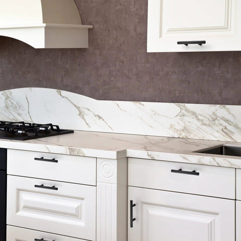 Kitchen with Matte Black Cabinet Handles 5 Inch Overall Length With 3 Inch Hole Centers 76 Mm Cabinet Pulls on white drawers and cupboards