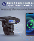 Drop It On Any Handlebar Mount Motorcycle USB Charger With 30W PD Dual Port Quick Charge For Phones Tablets Gps And Cameras Delivering Slick Power During Weekender Rides mounted on handlebar with charging phone.