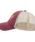 Side view of Low Profile Unstructured Vintage Tennis Trucker Hat For Men In Deep Rose With 6 Embroidered Vent Eyelets And Adjustable Buckle
