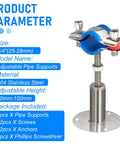 4-piece adjustable pipe supports; 304 stainless clamps with flange base for 3/4" OD pipe, 50–100mm height