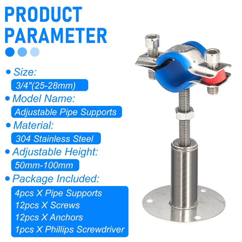 4-piece adjustable pipe supports; 304 stainless clamps with flange base for 3/4" OD pipe, 50–100mm height