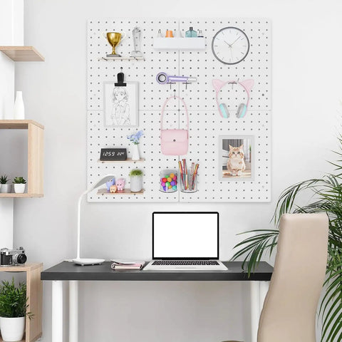 Peg Board Kit With Hooks And Accessories Four White Peg Boards Wall Organizer in office with tools, supplies, and projects.