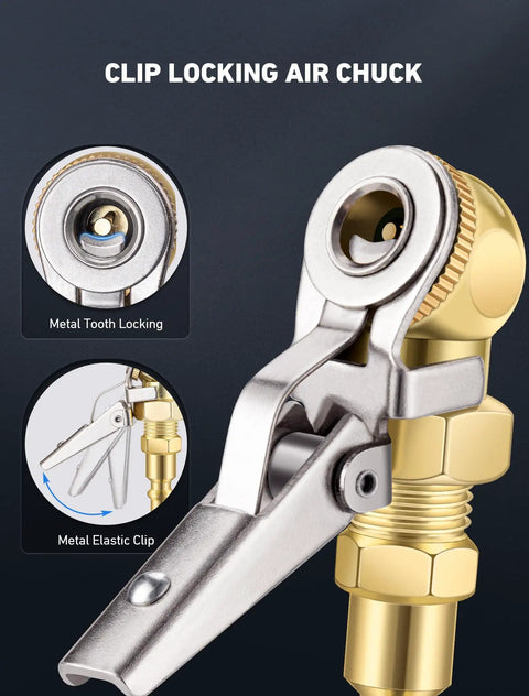 Close-up of 2 Pack Closed Ball Tire Chuck With Clip Hands Free Locking Valve Nozzle One Quarter Inch FNPT Quick Plug details