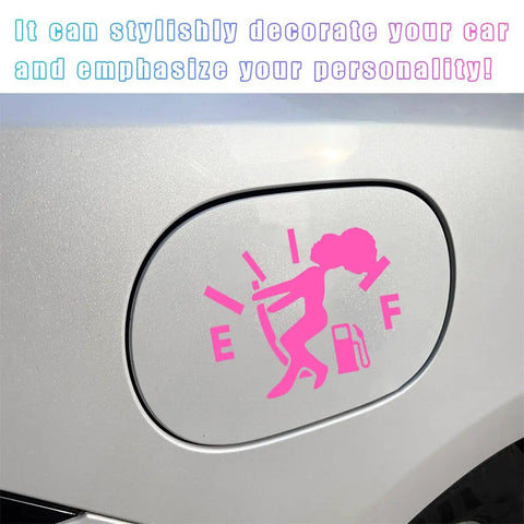 Slick Humorous Waterproof Fuel Tank Cap Decals, 2 Piece Pink Lady Hair Gauge Covers on silver car gas cap.