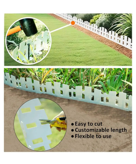 Flexible 33Ft Garden Landscape Edging Kit With 60 Spikes 4.6In Tall White Plastic Border For Lawn Path And Flower Beds Durable Edging Border For Clean Defined Edges And Easy Install shown installed along a garden path with close-up of cutting and hammering details.