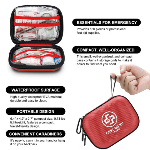 Front view of red waterproof hard-shell mini first aid kit opened to reveal organized 150-piece medical supplies.