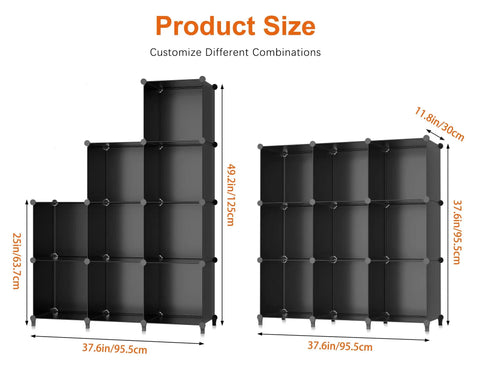 Nine Cube Closet Organizer Set Portable Storage Shelves For Clothes And Toys Durable Metal Frame With ABS Connectors 11 Inch Cubes For Bedroom Kids Room Bathroom Wardrobe Black, shown in two customizable configurations with dimensions marked.