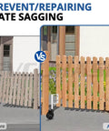 Before and after images comparing sagging wooden gate with and without Spring Loaded Gate Caster Wheel 5 Inch Tough As Nails.