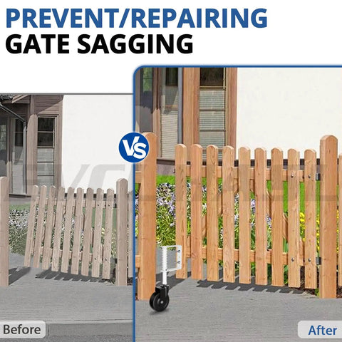 Before and after images comparing sagging wooden gate with and without Spring Loaded Gate Caster Wheel 5 Inch Tough As Nails.
