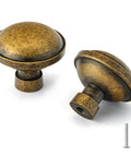30 Pack Antique Brass Drawer Knobs 1-1/4 Inch, Solid Zinc Alloy Round Cabinet Knobs, two knobs and screws displayed