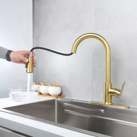 Brushed Gold Pull Down Kitchen Faucet With Sprayer High Arc Single Handle Stainless Steel 1 Hole Deck Mount in use over sink