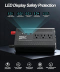 Heavy Duty 1000W Power Inverter 12V To 110V AC With 2000W Peak Surge showing LED display and safety features.