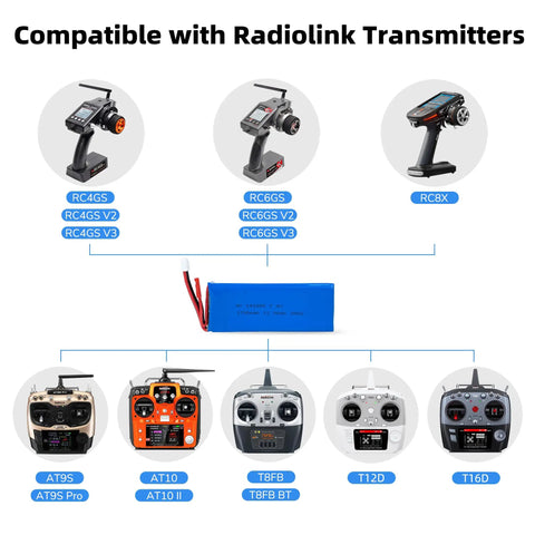 7.4V 2S LiPo Battery 1700mAh 5C JST 2Pin Connector compatible with RC4GS V3 RC6GS V3 RC8X AT10II AT9S Pro T8FB